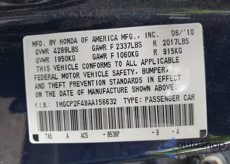 2010 Honda Accord 2.4 Lx-P from USA, damaged, VIN 1HGCP2F49AA156632